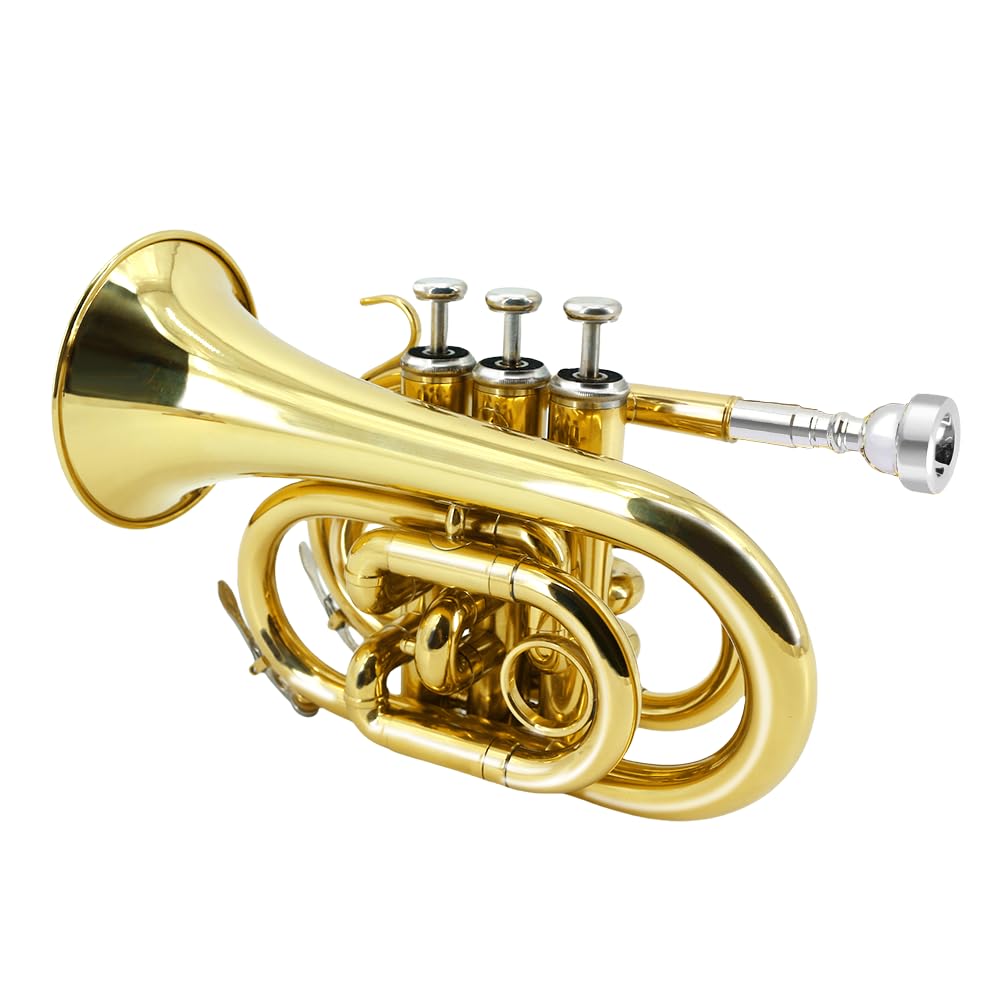 Bb Flat Pocket Trumpet with Cleaning Cloth, 7C Mouthpiece and Hard Case X6735