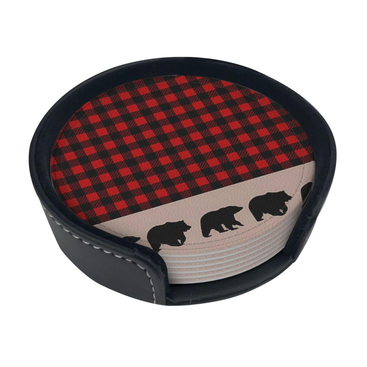 6 Pcs Plaid Leather Coasters with Holder J20189