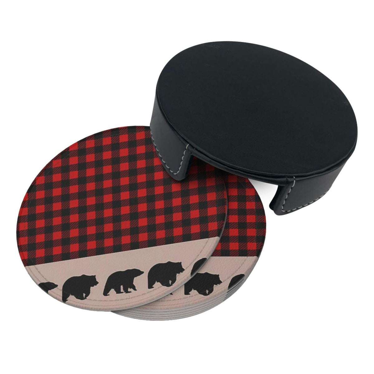 6 Pcs Plaid Leather Coasters with Holder J20189