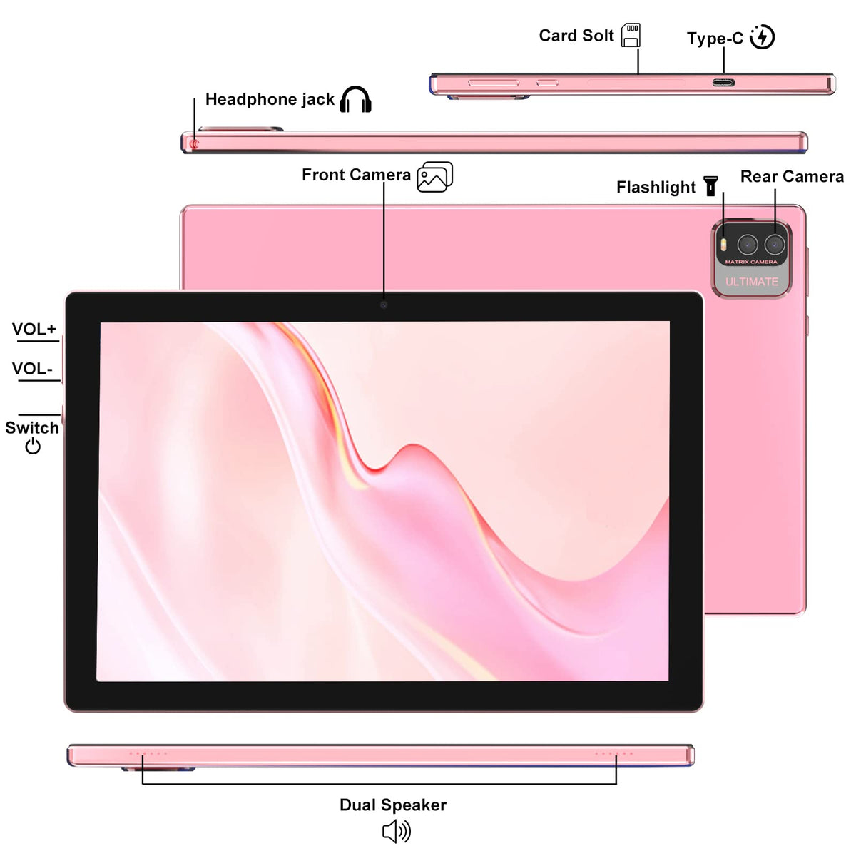 10 inch Android 15 Tablet with Keyboard Case Mouse Stylus Pink B600