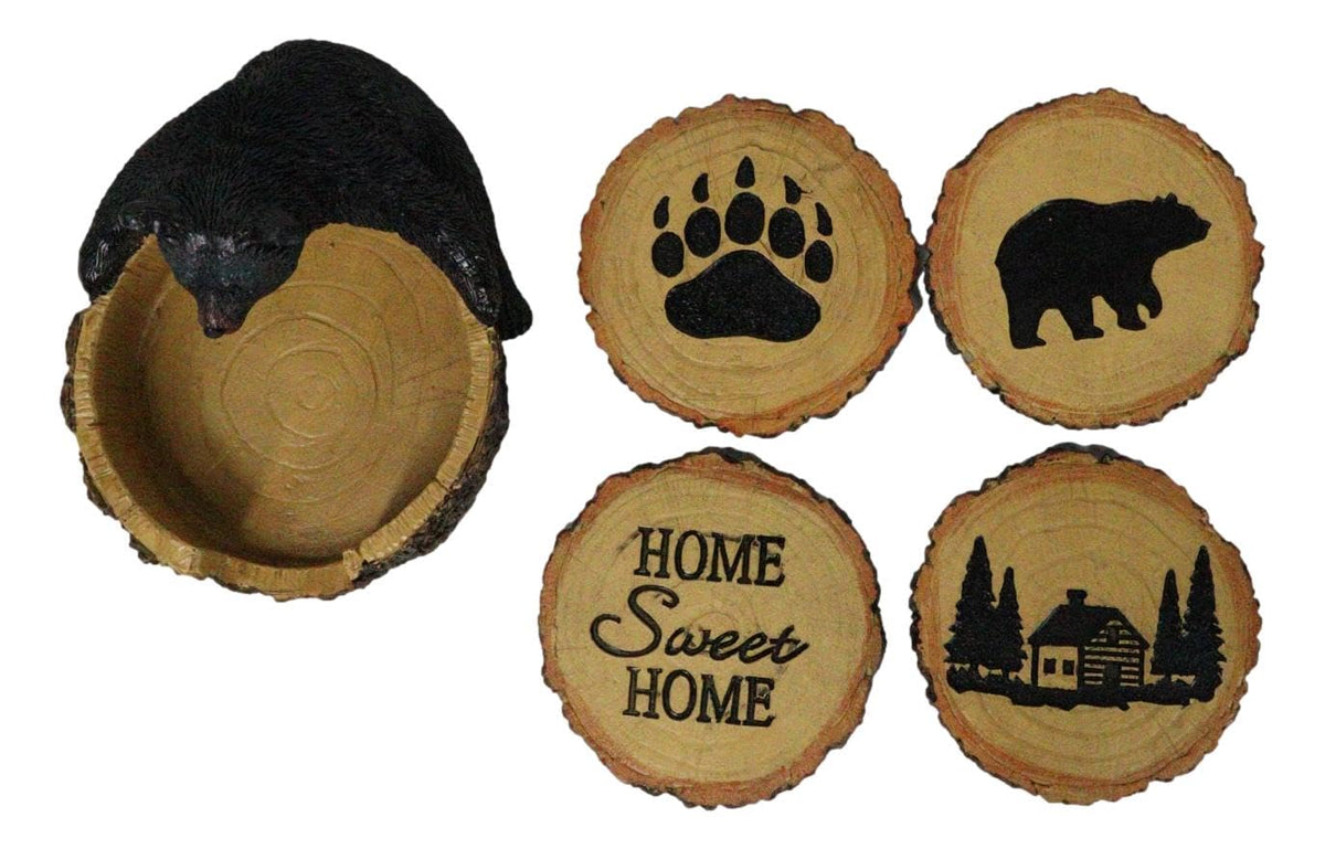 Black Bear Tree Trunk Coaster Holder with 4 Coasters I15745