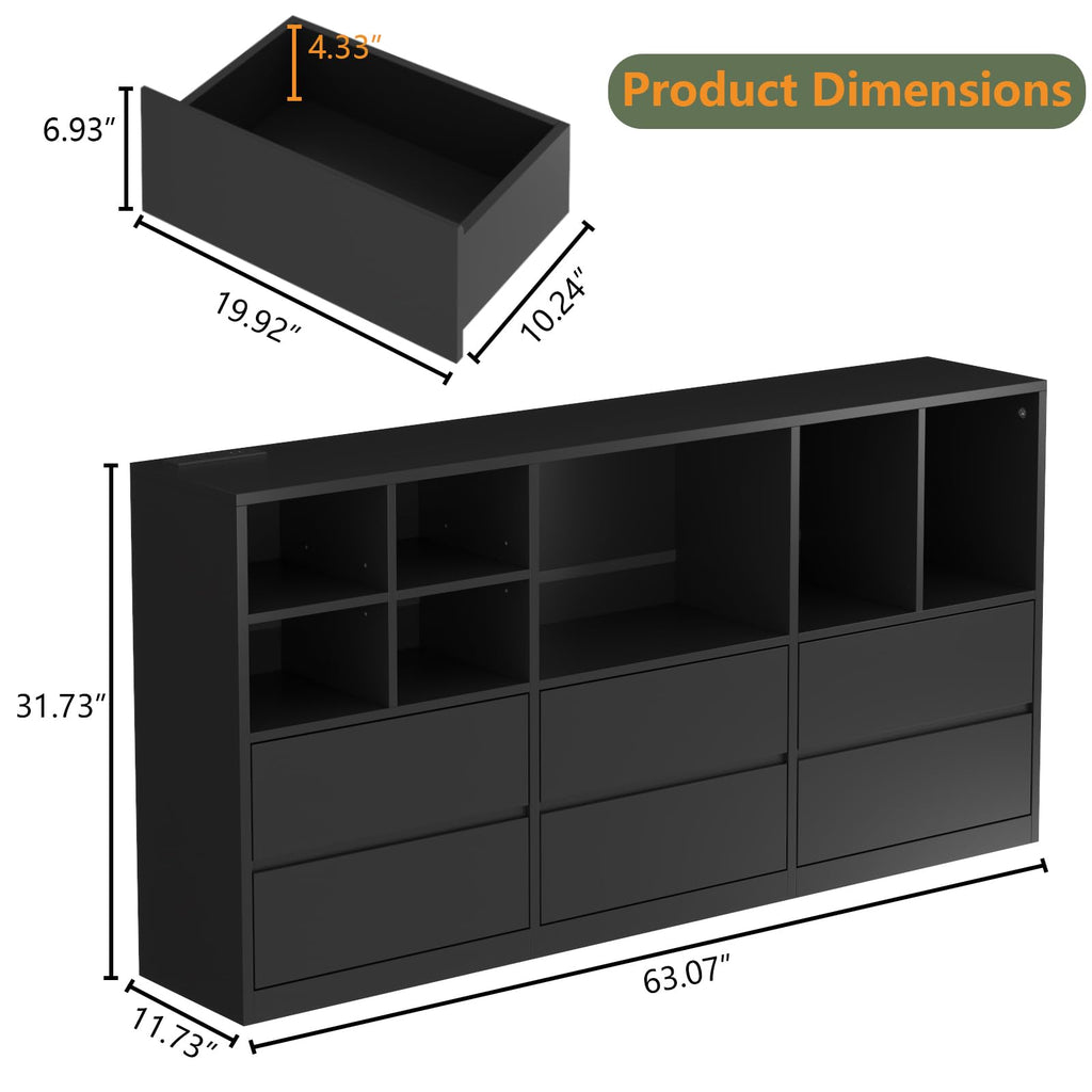 Black 6 Drawers Dresser with Cubbies O336416