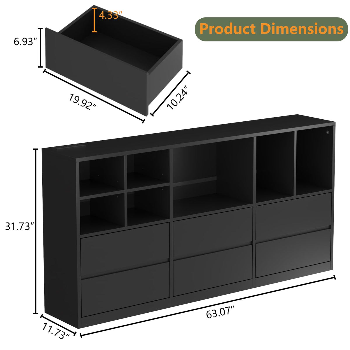 Black 6 Drawers Dresser with Cubbies O336416