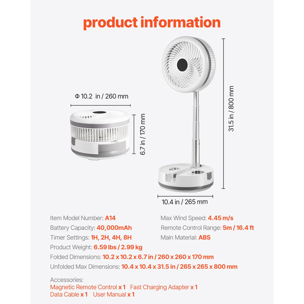 10 Inch Foldable Oscillating Fan, 9 Speeds 40000mAh Battery Portable Desk Fan A1954