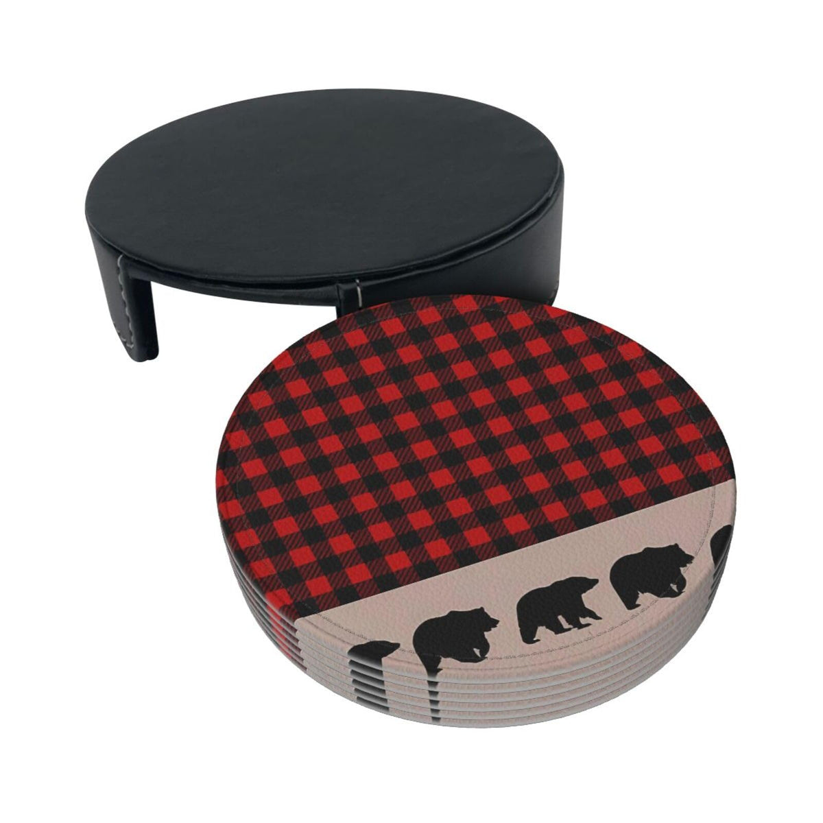 6 Pcs Plaid Leather Coasters with Holder J20189