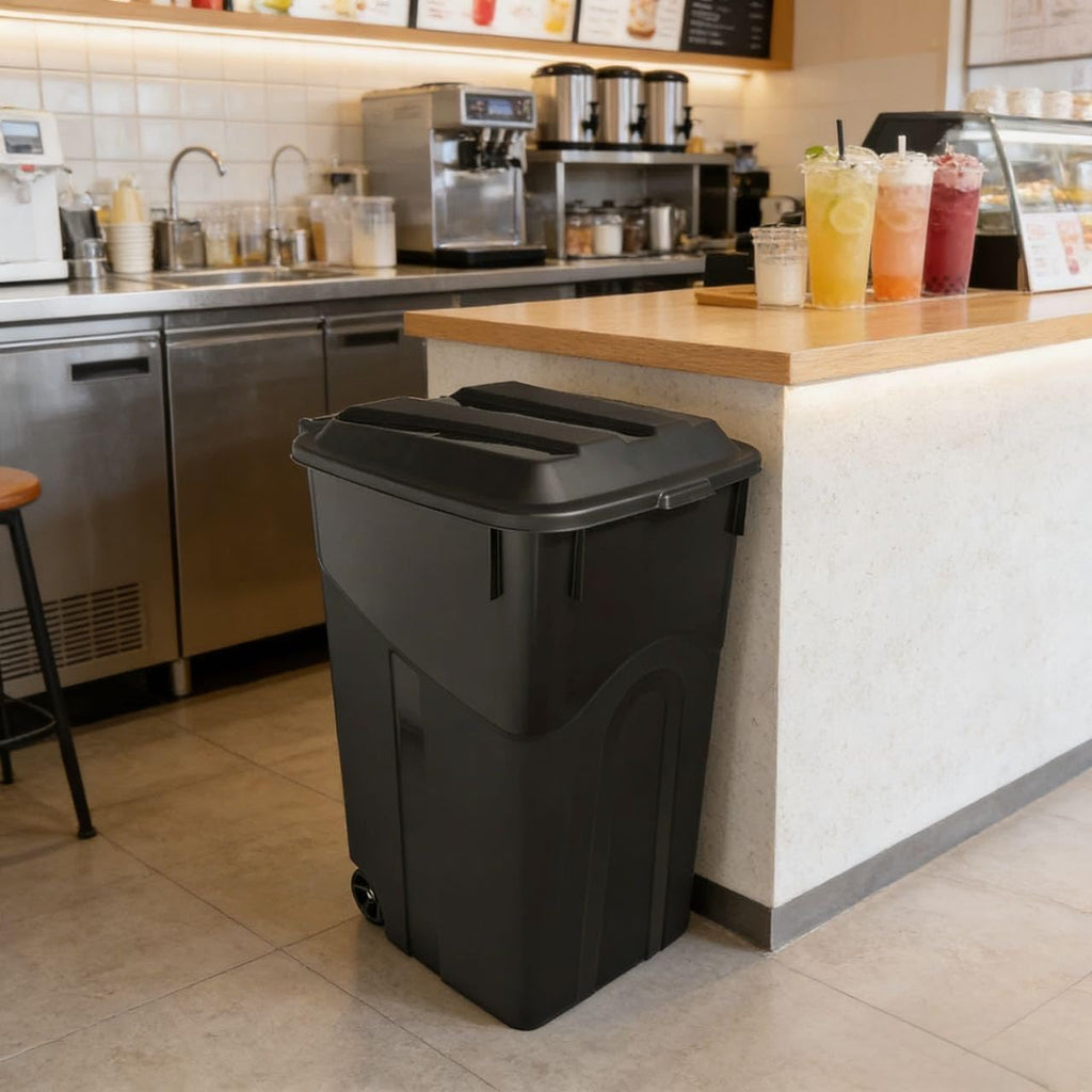 45 Gallon Black Wheeled Garbage Can with Attached Lid L5363