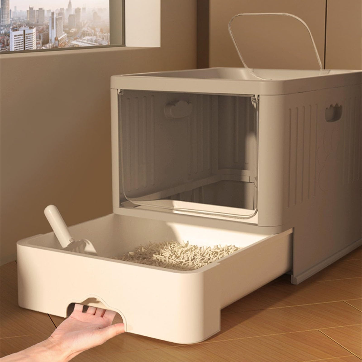 Large Top Entry Anti-Splashing Enclosed Plastic Cat Litter Box with Lid and Litter Scoop B1454