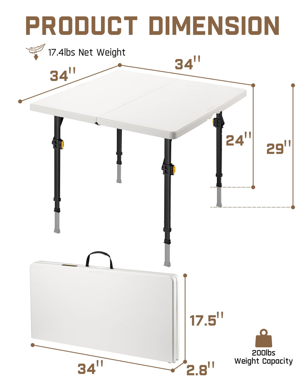 Folding Card Table 2 Heights 34" Square Plastic T964263