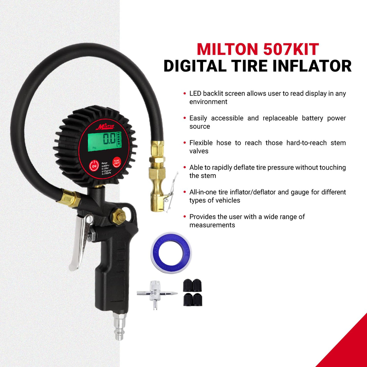 Digital Tire Inflator with Pressure Gauge and 14” Rubber Air Hose A10618