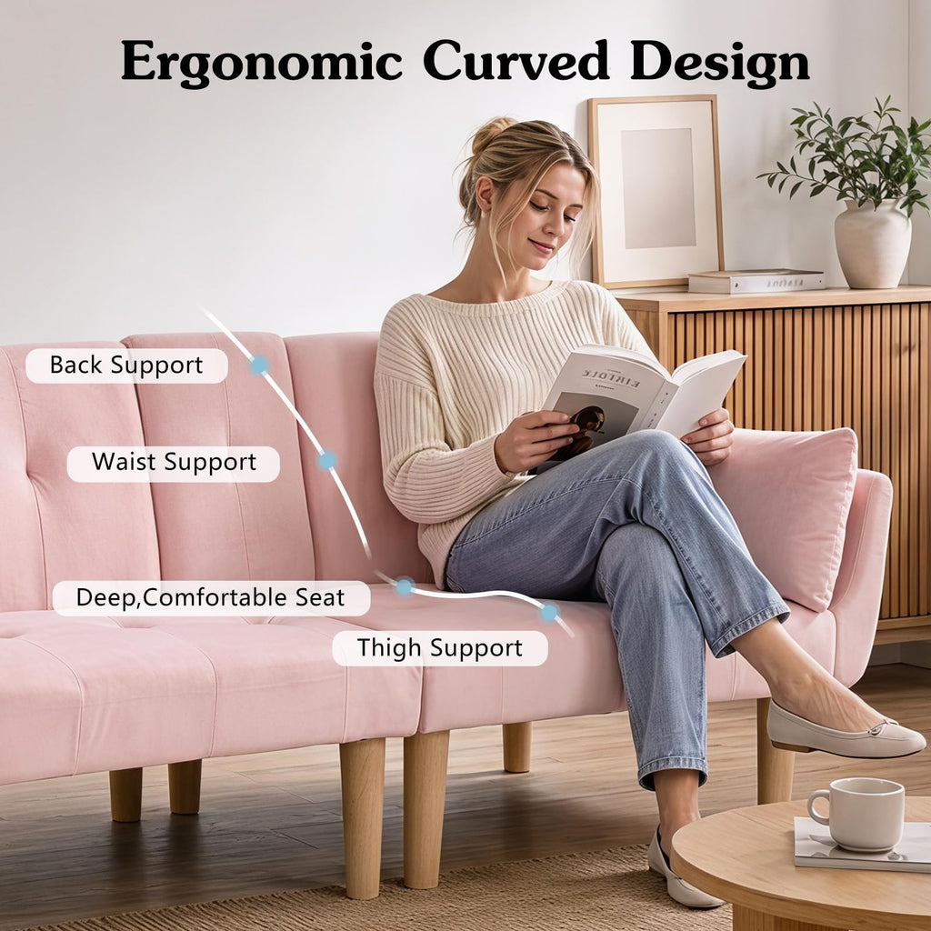 Light Pink Velvet Futon Sofa Bed V860896