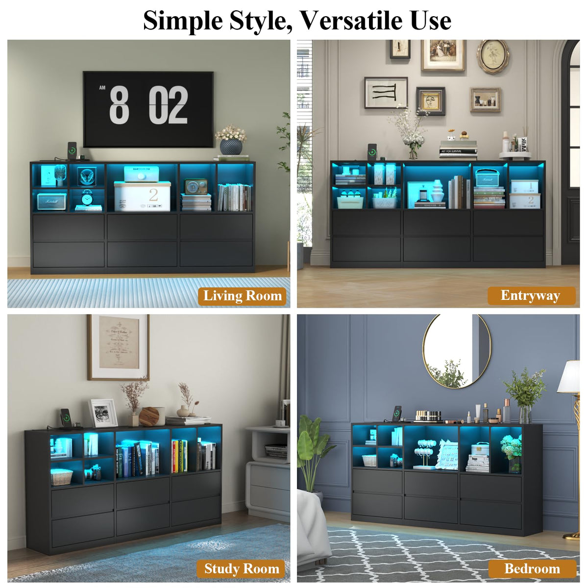Black 6 Drawers Dresser with Cubbies O336416
