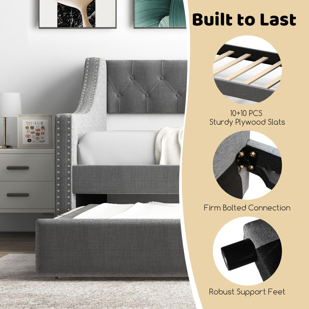 Grey Upholstered Twin Daybed with Trundle X932