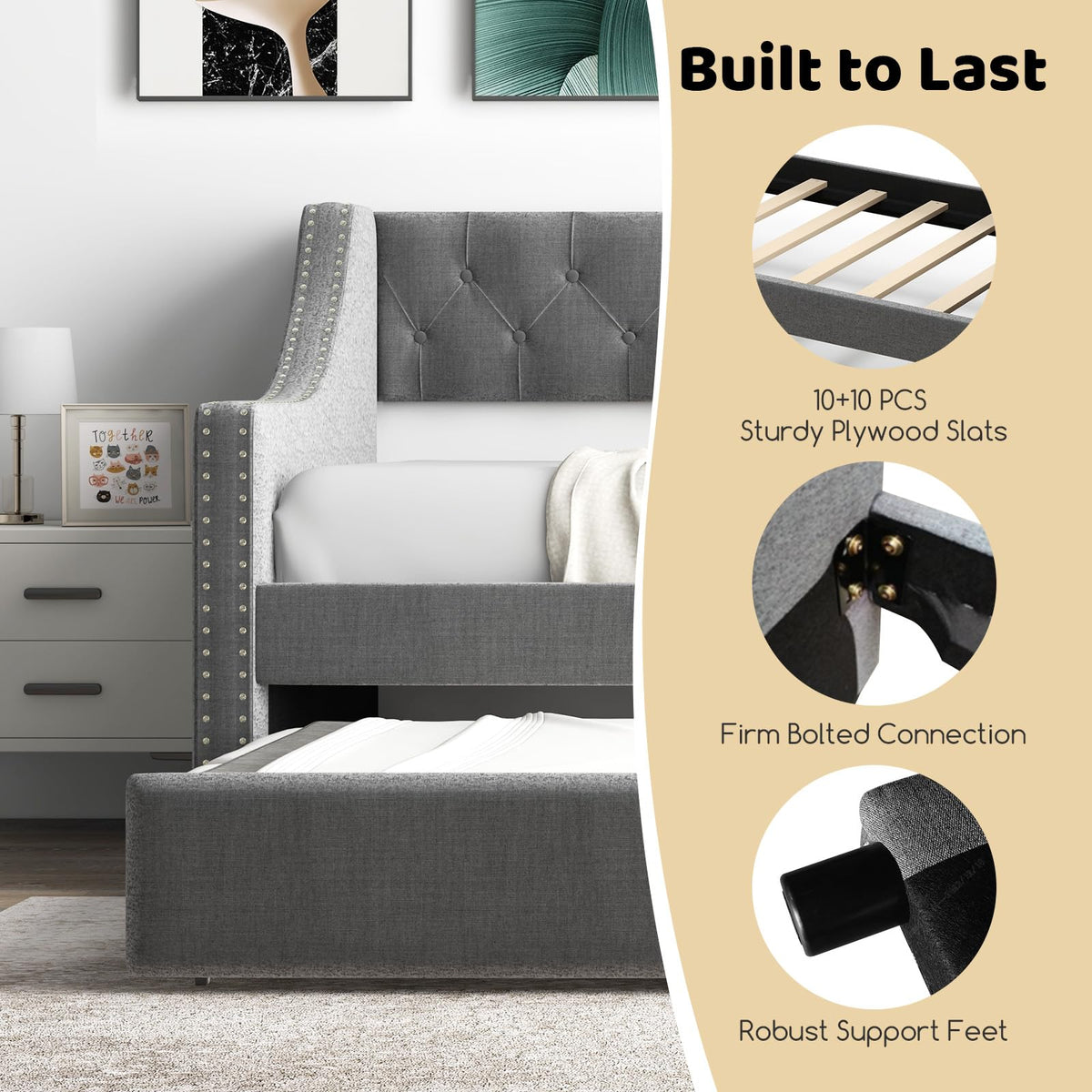 Grey Upholstered Twin Daybed with Trundle X932