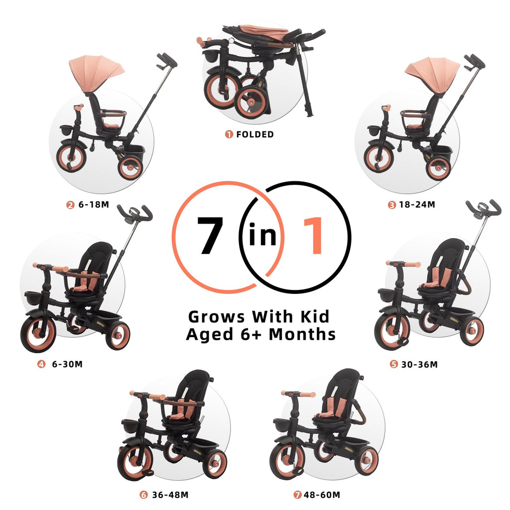 7-in-1 Tricycle Stroller with Push Handle, Rotating Seat, UV-Proof Canopy, Non-Pneumatic Wheels, Dual Brakes and Storage P2554