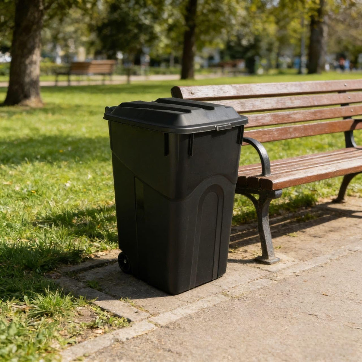45 Gallon Black Wheeled Garbage Can with Attached Lid L5363