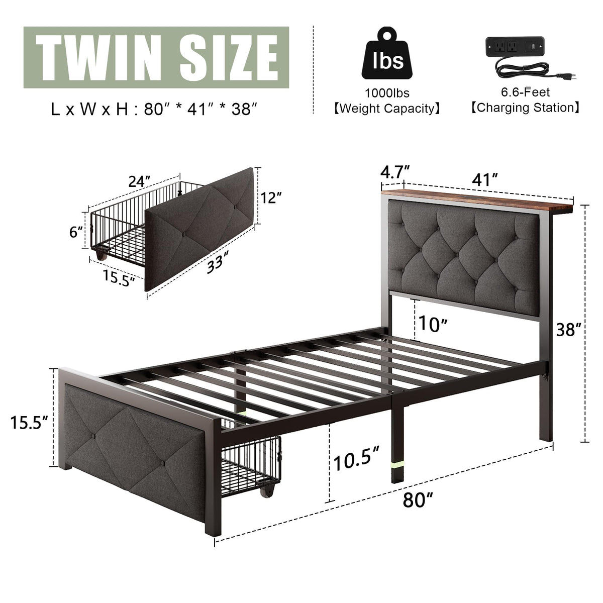 Twin Metal Platform Bed Frame with Storage Drawers and Headboard F579