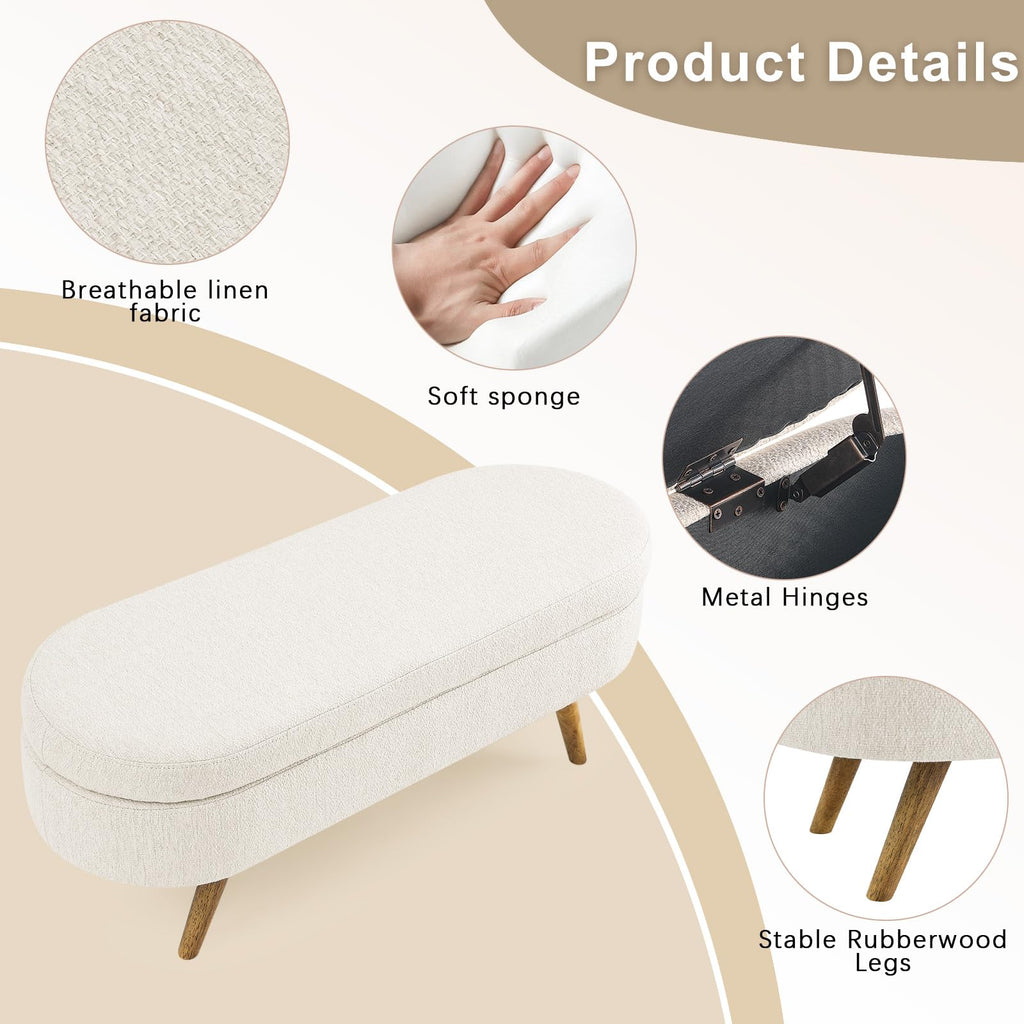 Beige Linen Upholstered Storage Ottoman Bench O582