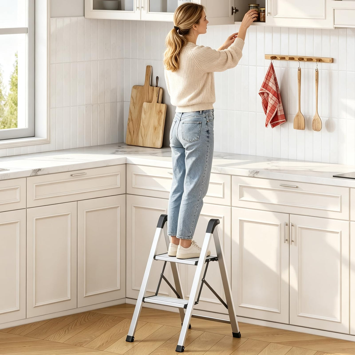 2 Step Aluminum Foldable Step Ladders 330lb Silver T185800