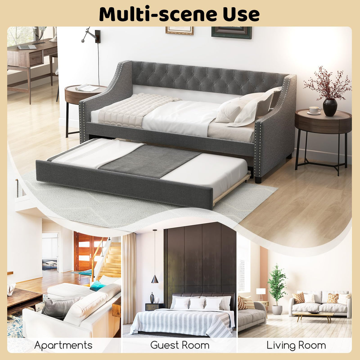 Grey Upholstered Twin Daybed with Trundle X932