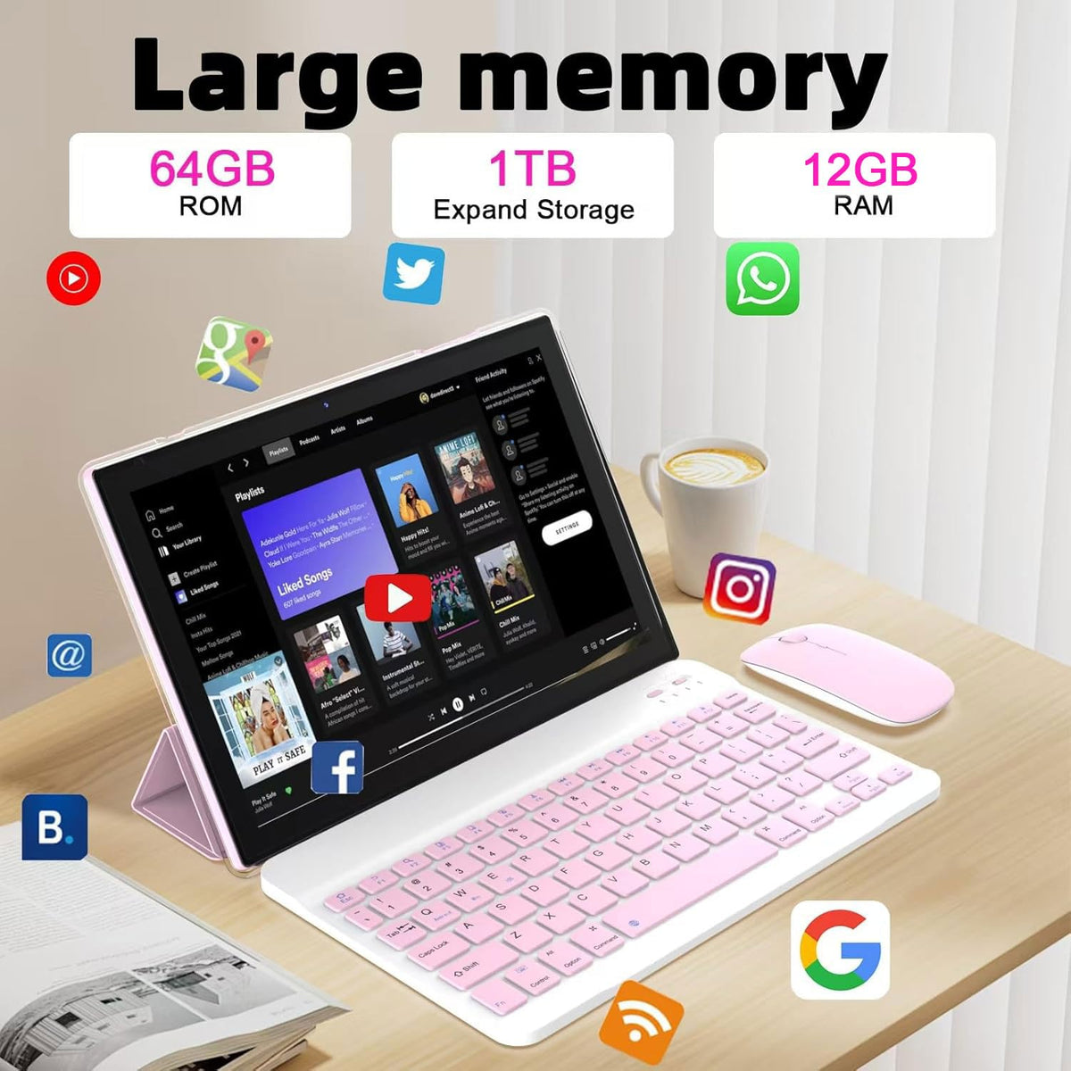 10 inch Android 15 Tablet with Keyboard Case Mouse Stylus Pink B600