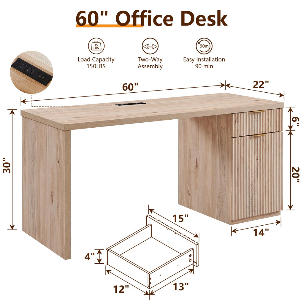 60" Fluted Desk with Cabinet and Built-in Outlet O7543