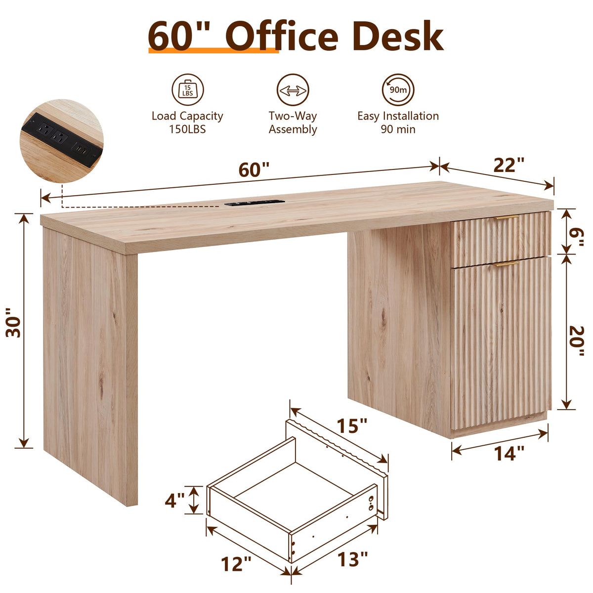 60" Fluted Desk with Cabinet and Built-in Outlet O7543