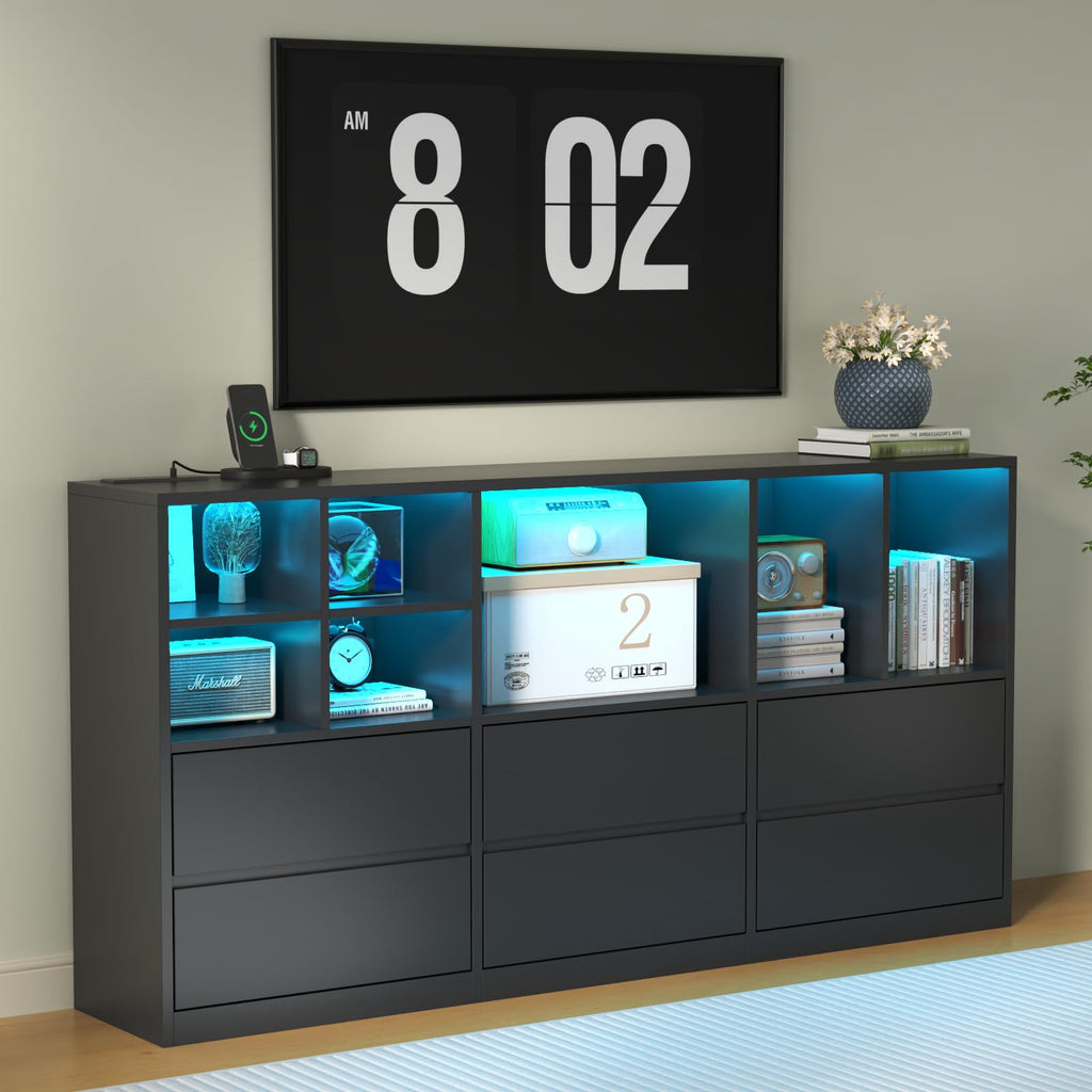 Black 6 Drawers Dresser with Cubbies O336416