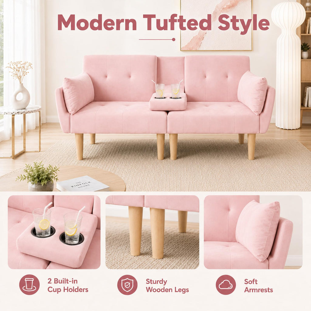 Light Pink Velvet Futon Sofa Bed V860896