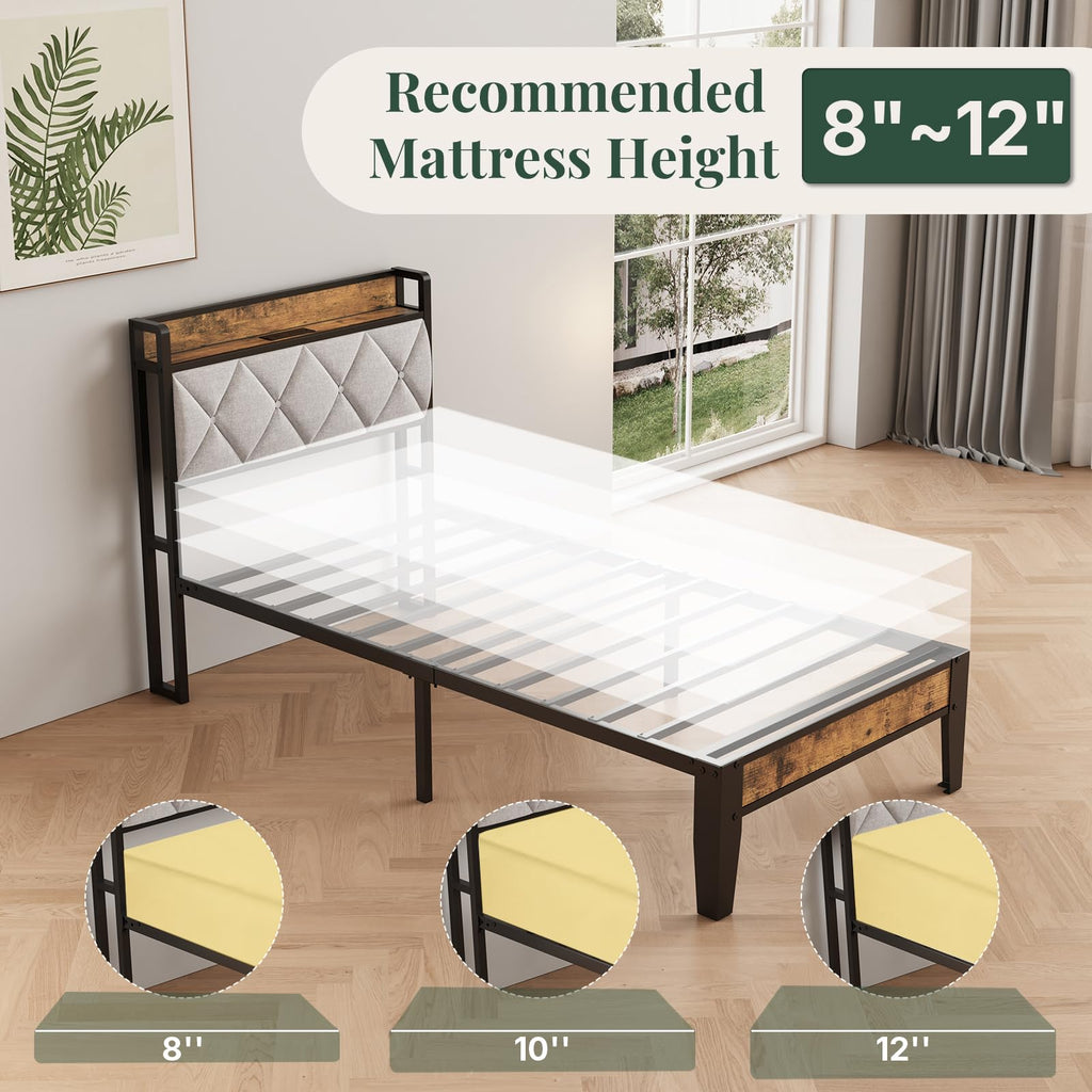 Twin Bed Frame with Upholstered Storage Headboard and USB Charging Station H582