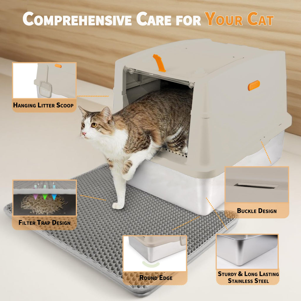 Large Stainless Steel Enclosed Cat Litter Box with Lid and Scoop J9452
