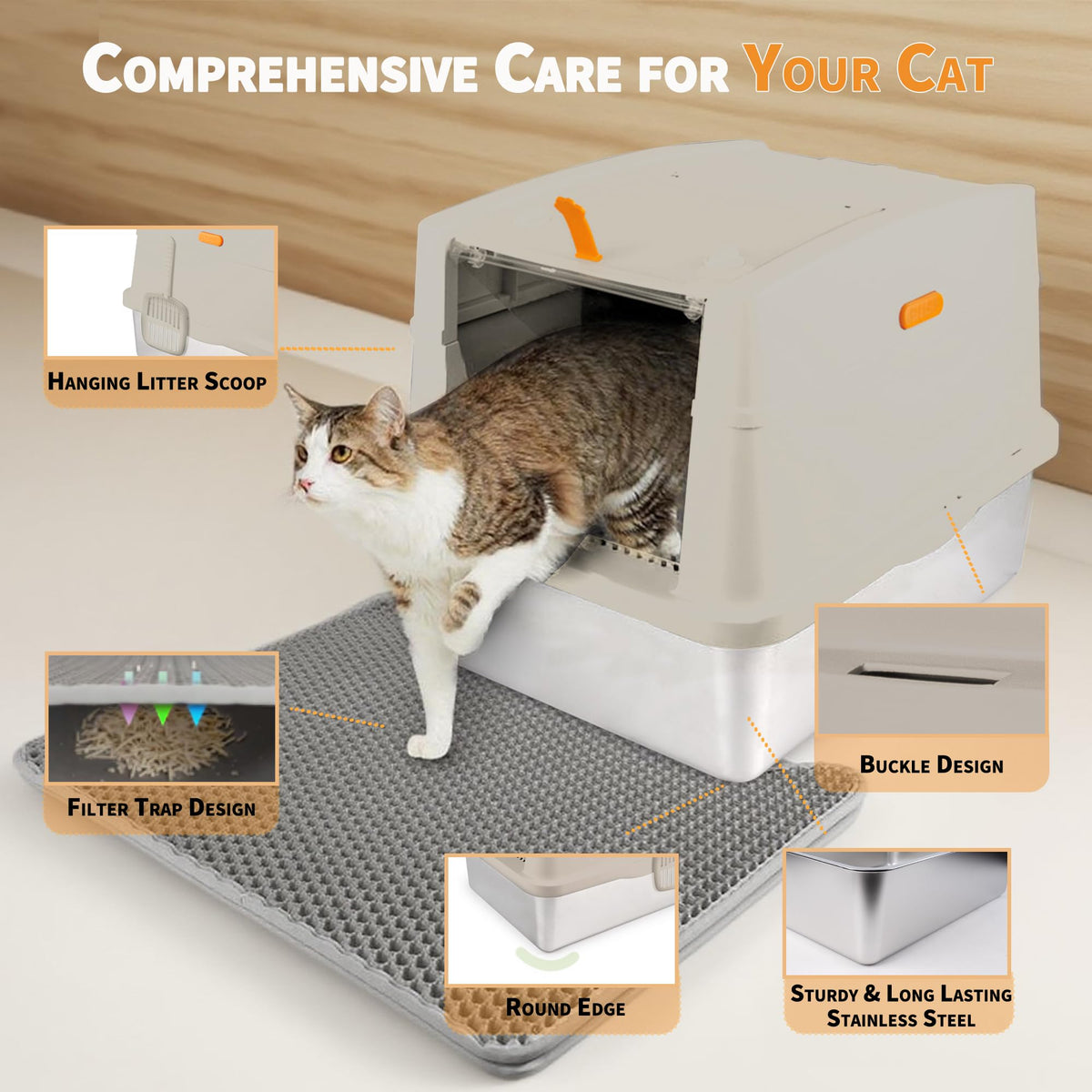 Large Stainless Steel Enclosed Cat Litter Box with Lid and Scoop J9452
