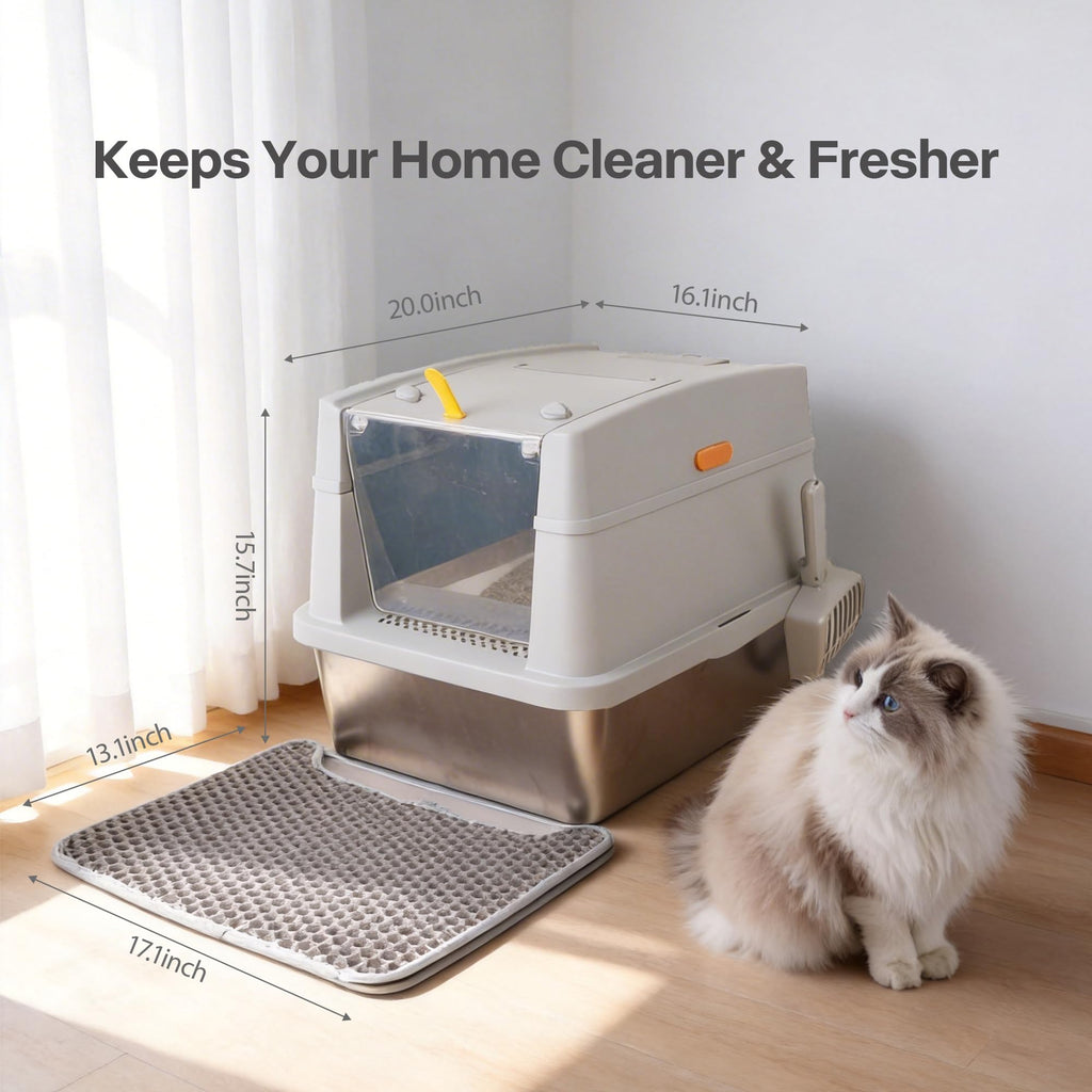 Large Stainless Steel Enclosed Cat Litter Box with Lid and Scoop J9452