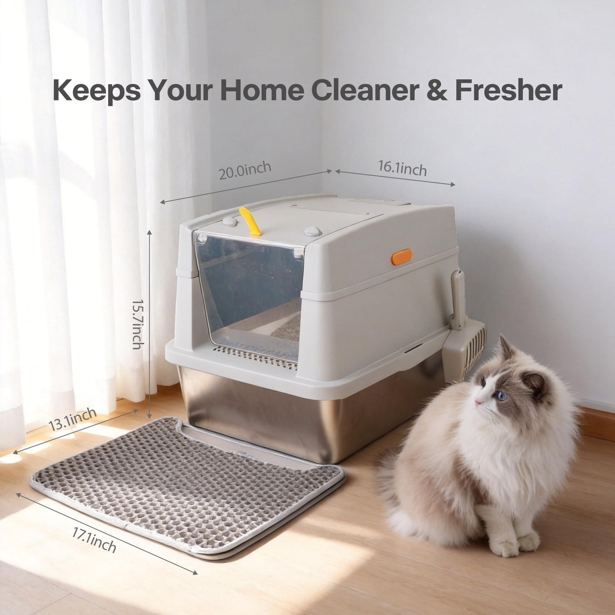 Large Stainless Steel Enclosed Cat Litter Box with Lid and Scoop J9452