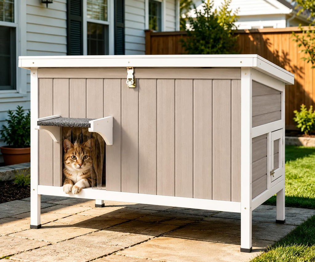 Weatherproof Wooden Outdoor Cat House with Escape Doors J2450