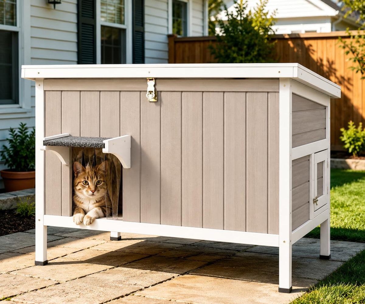 Weatherproof Wooden Outdoor Cat House with Escape Doors J2450