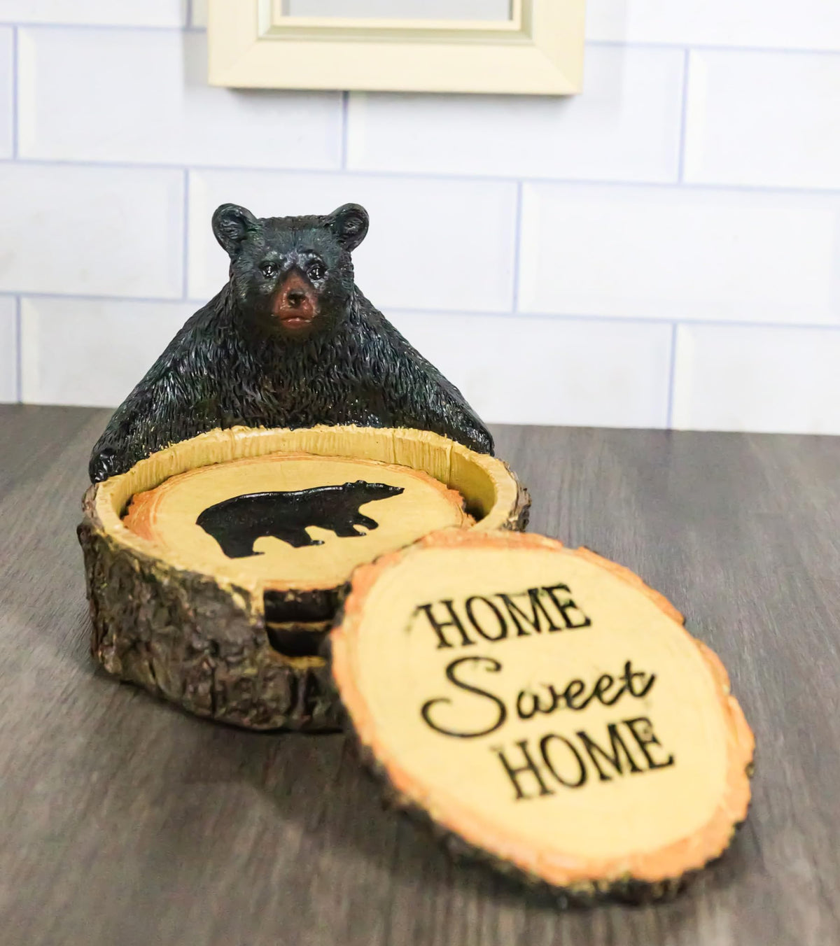 Black Bear Tree Trunk Coaster Holder with 4 Coasters I15745