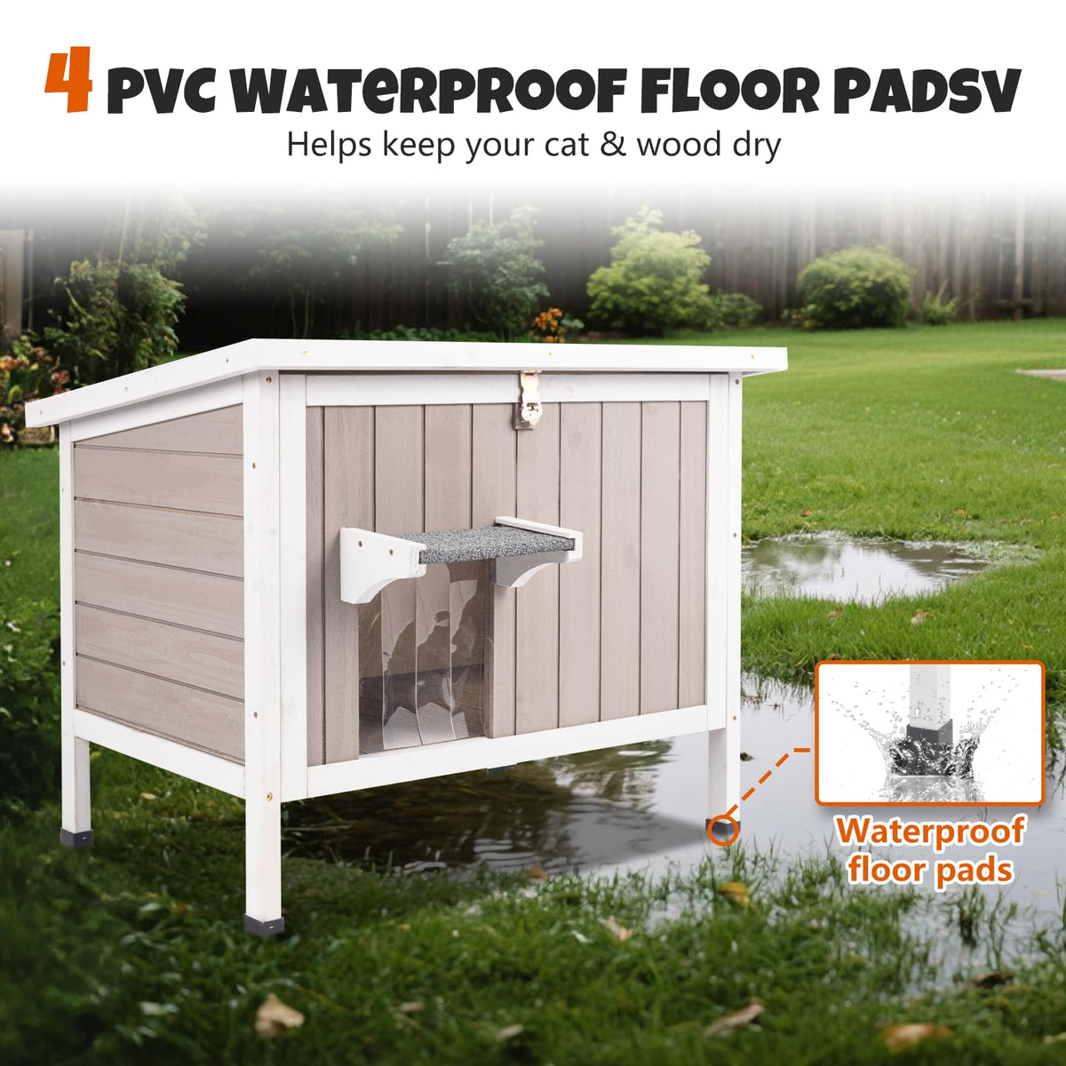 Weatherproof Wooden Outdoor Cat House with Escape Doors J2450