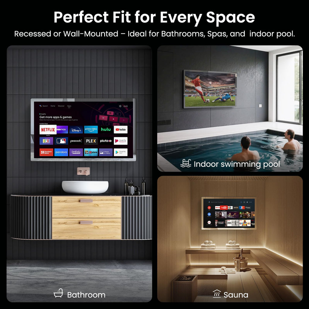 32" 4K Ultra HD Smart Bathroom Mirror TV, IP66 Waterproof, Wall Mounted R329166