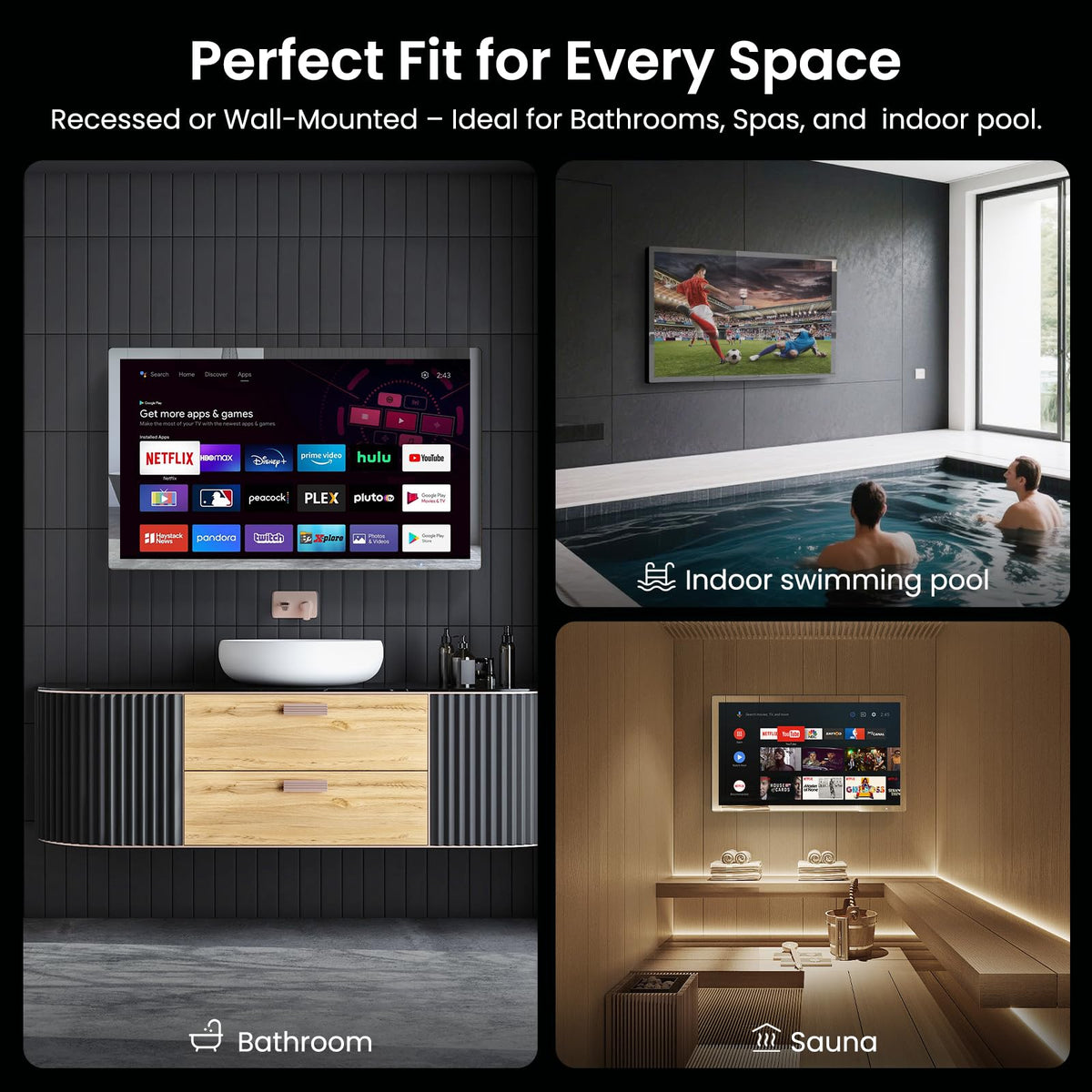 32" 4K Ultra HD Smart Bathroom Mirror TV, IP66 Waterproof, Wall Mounted R329166