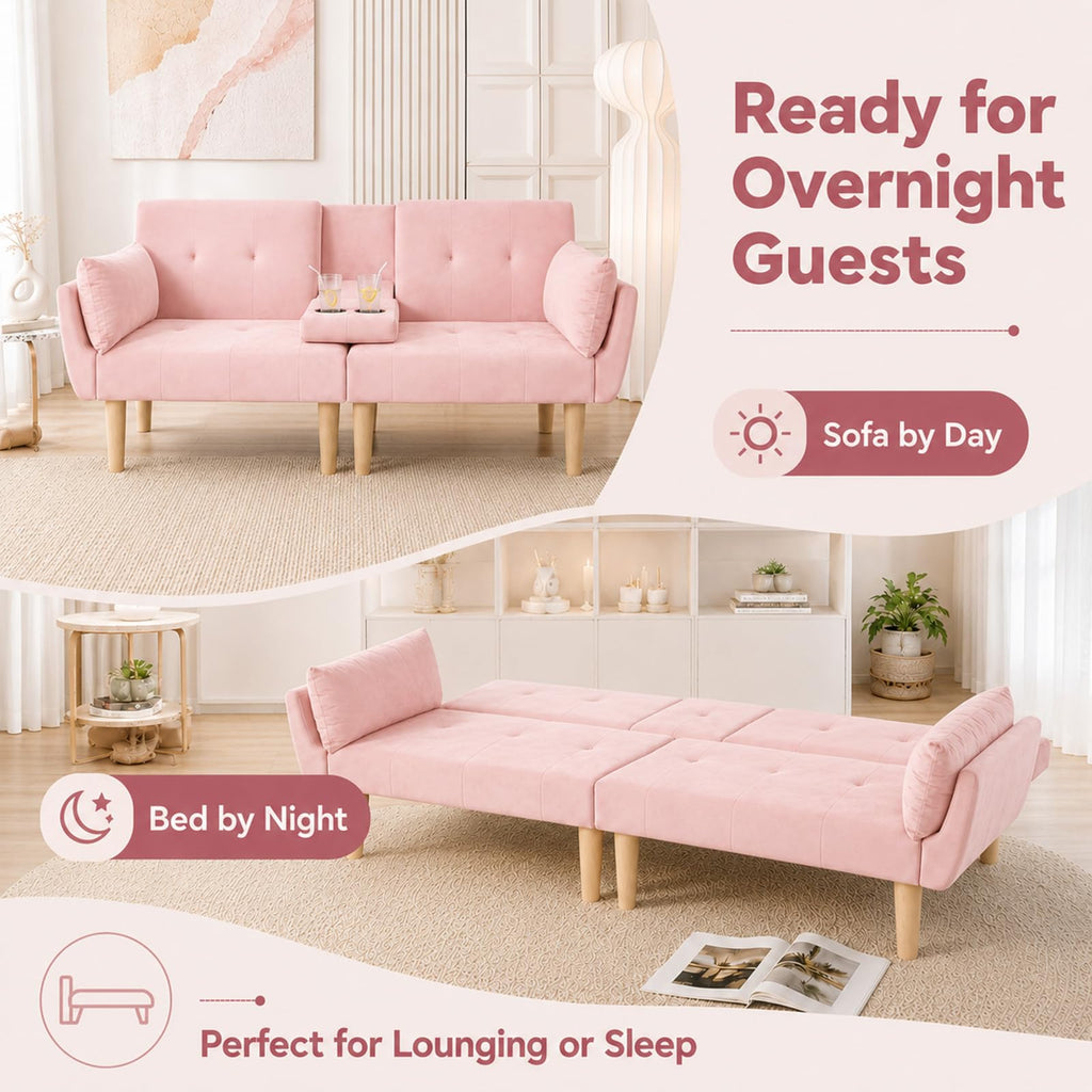 Light Pink Velvet Futon Sofa Bed V860896