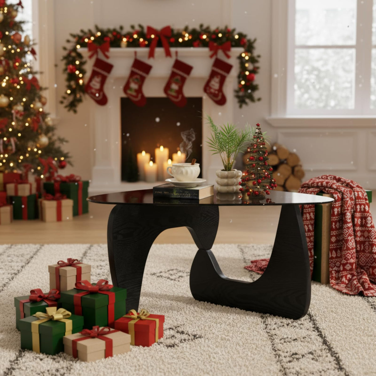 Modern Triangle Glass Coffee Table with Wood Base L312718