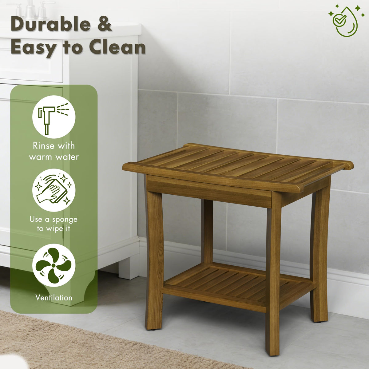Teak Wood Shower Bench with Shelf & Arms P506064