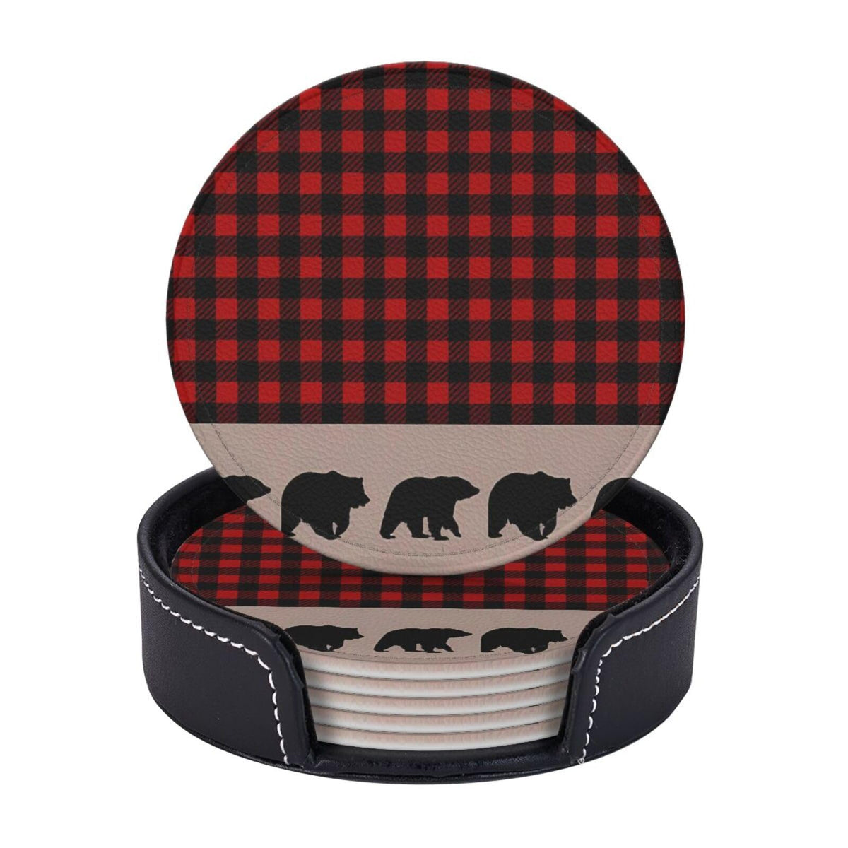 6 Pcs Plaid Leather Coasters with Holder J20189