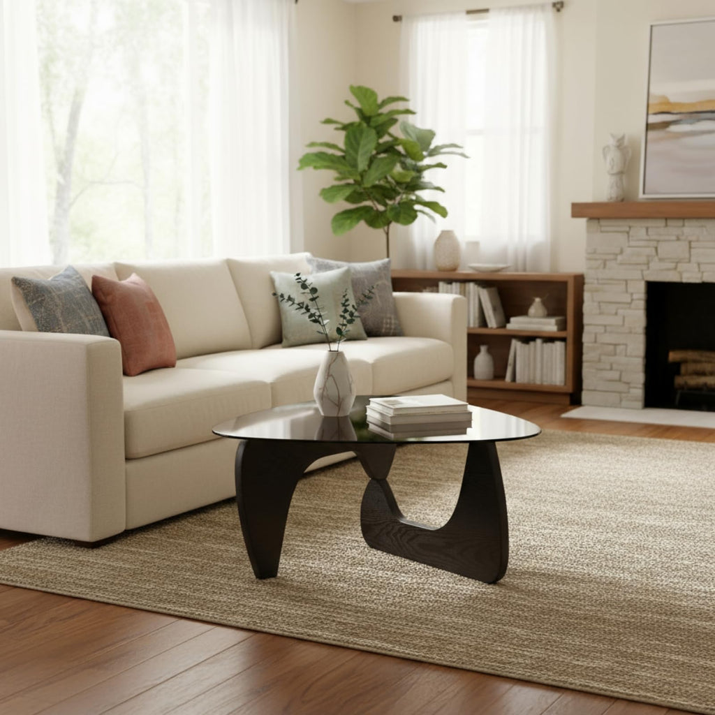 Modern Triangle Glass Coffee Table with Wood Base L312718
