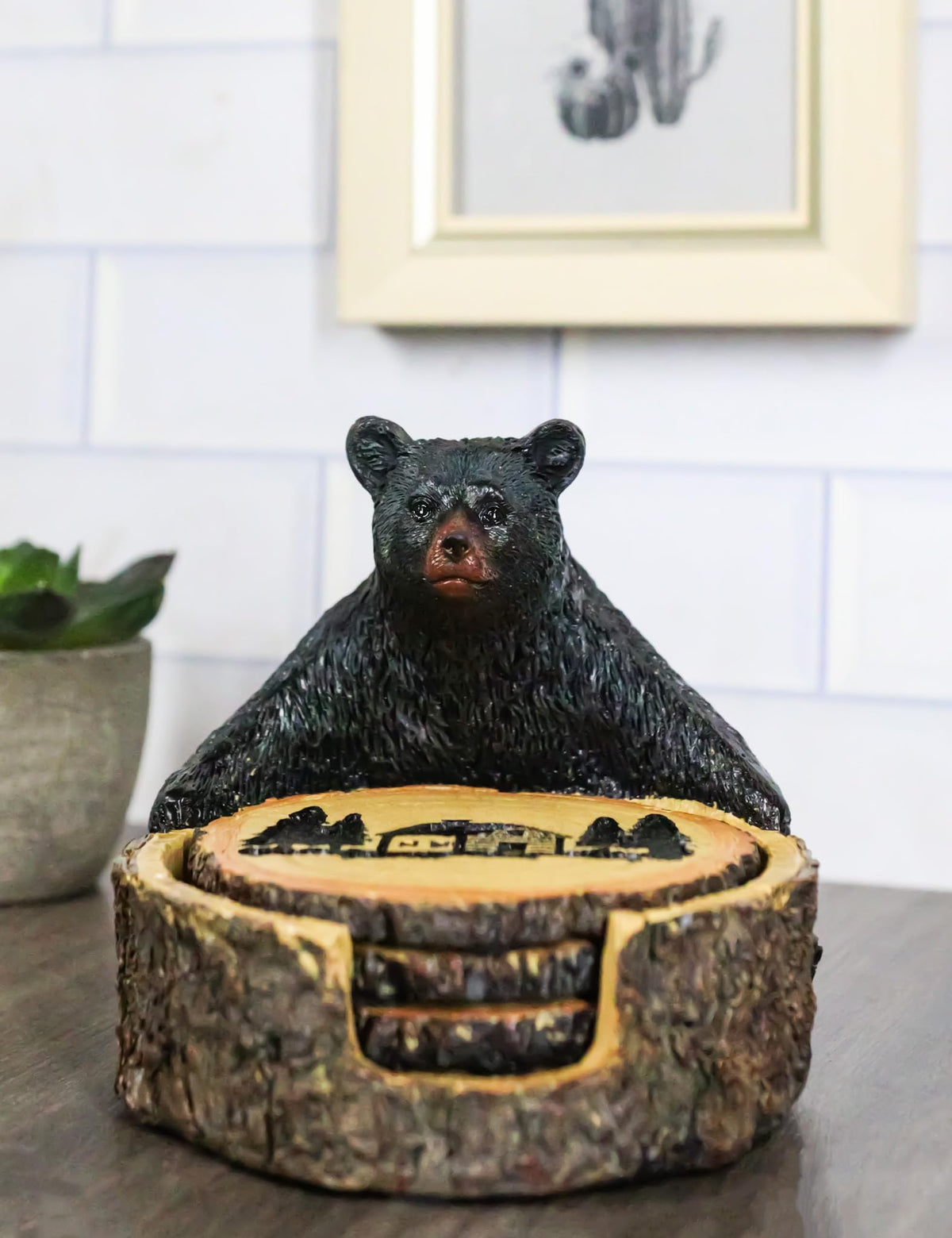 Black Bear Tree Trunk Coaster Holder with 4 Coasters I15745