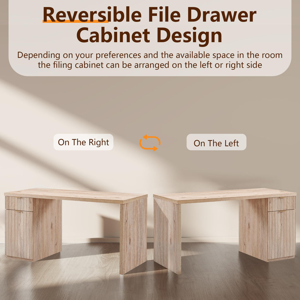 60" Fluted Desk with Cabinet and Built-in Outlet O7543