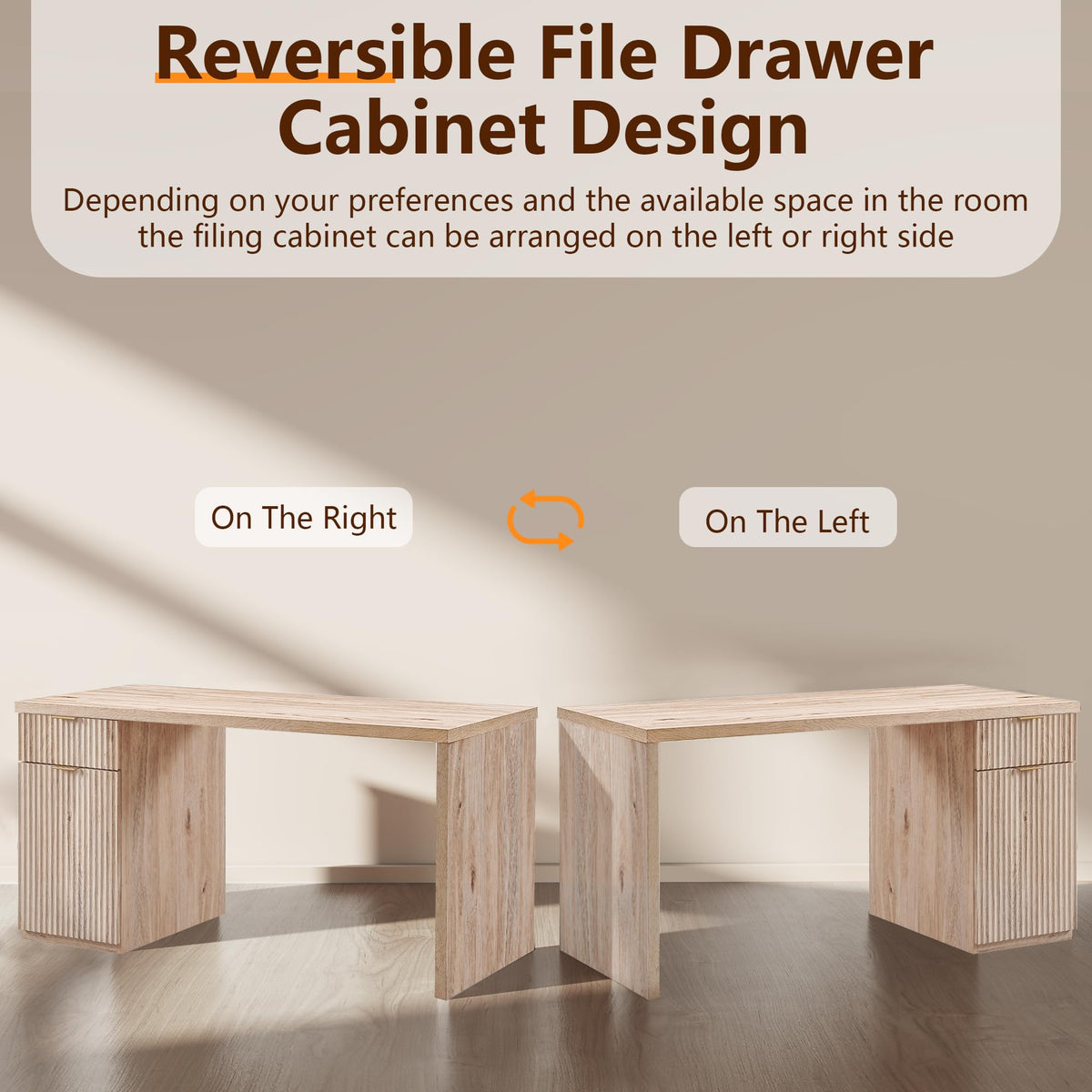 60" Fluted Desk with Cabinet and Built-in Outlet O7543