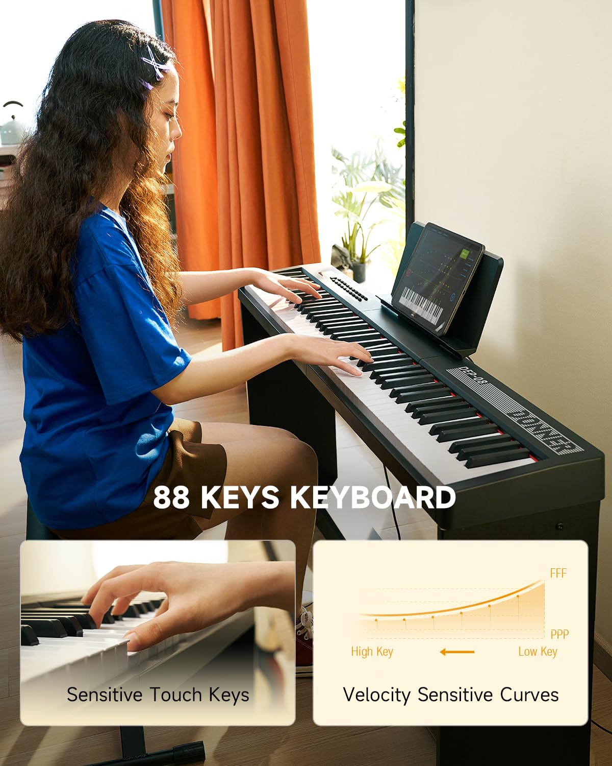 88 Keys Velocity-Sensitive Digital Piano with Stand and Triple Pedal P6649