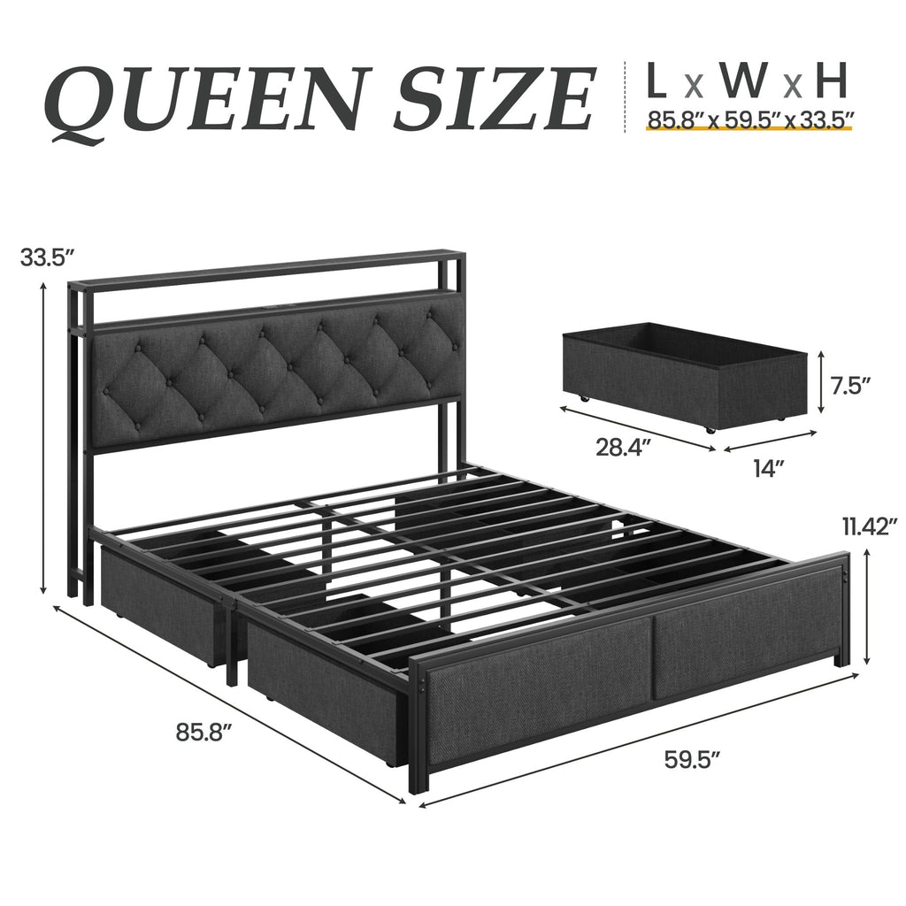 Queen Size Upholstered Bed Frame with 4 Drawers and Storage Headboard Q744101