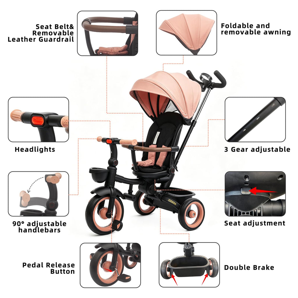 7-in-1 Tricycle Stroller with Push Handle, Rotating Seat, UV-Proof Canopy, Non-Pneumatic Wheels, Dual Brakes and Storage P2554